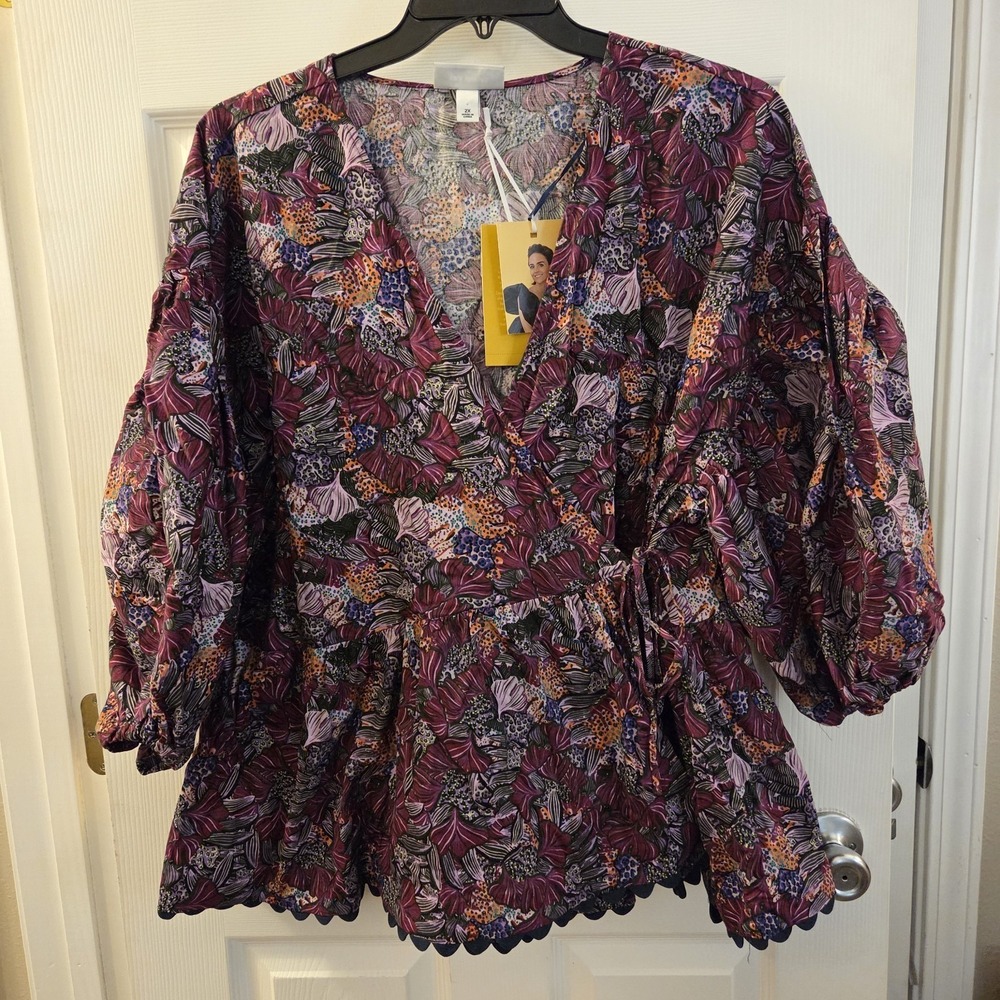 Kika Vargas Target sz 2X purple Coral Reef Scallop Edge Wrap Top Coastal resort‎
